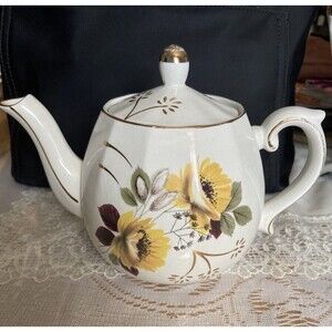 Ellgreave Wood & Sons Ironstone Teapot England Yellow Flowers Gold Trim Vintage
